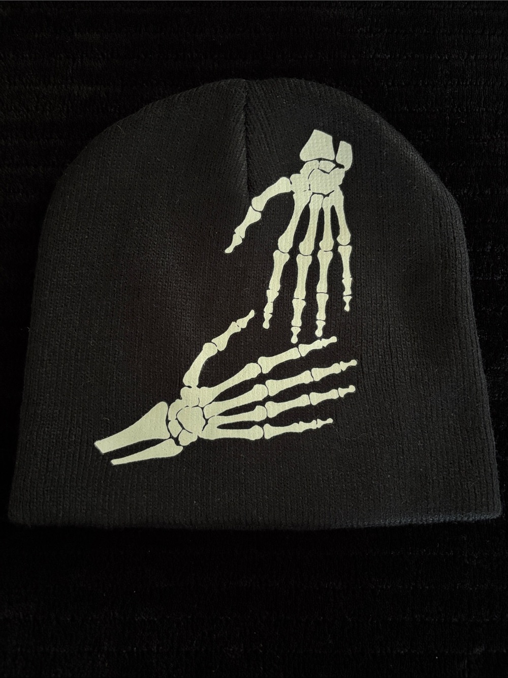 Black Beanie with Glow in the Dark Skeleton Hands Graphic Sz OS